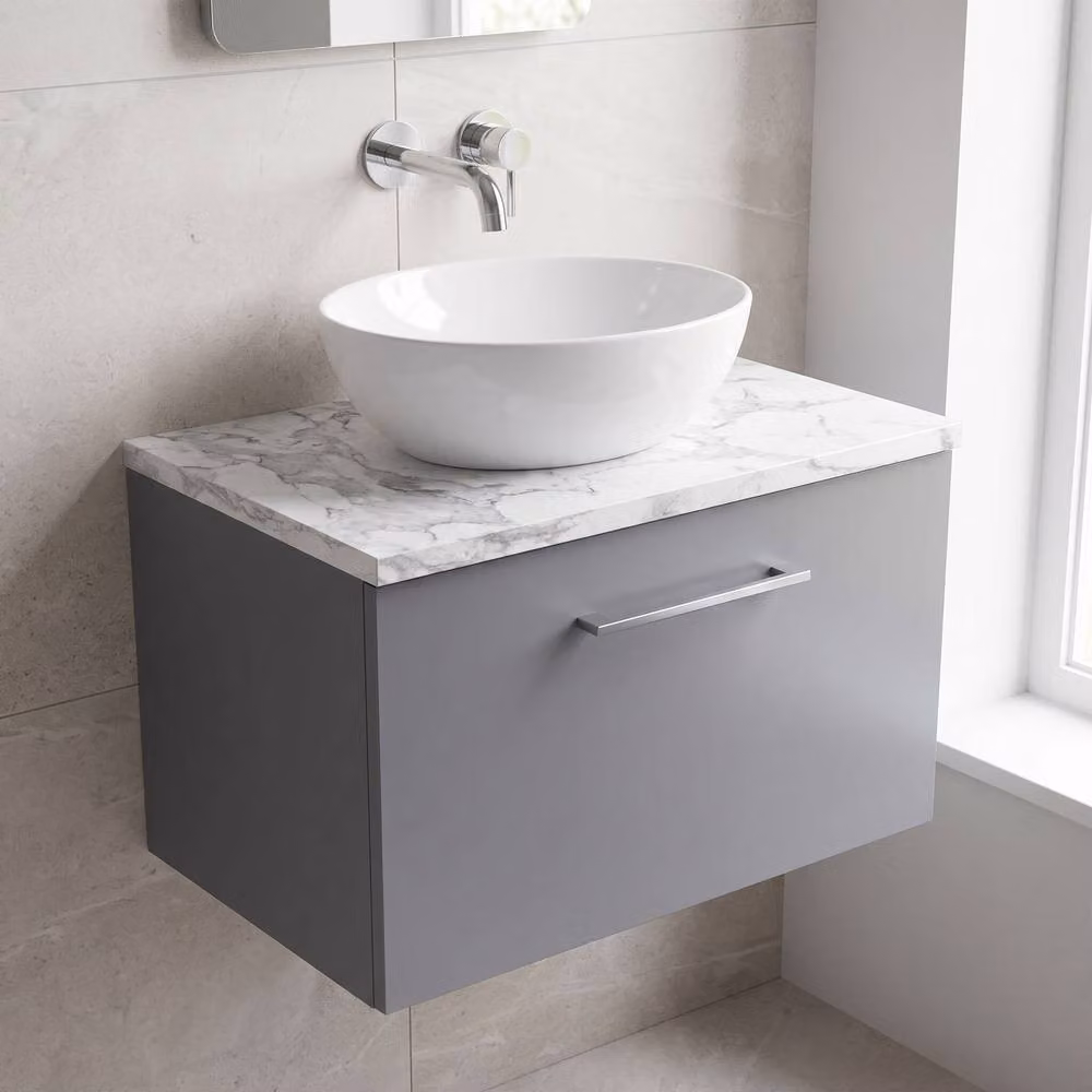 Balterley Level 600mm Wall Hung 1 Drawer Unit with Laminate Worktop in Satin Grey – 2