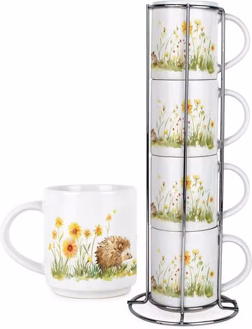 Purely Home Hedgehog Small Stacking Mugs Set of 4 Multicoloured Ceramic Cups with Metal Stand