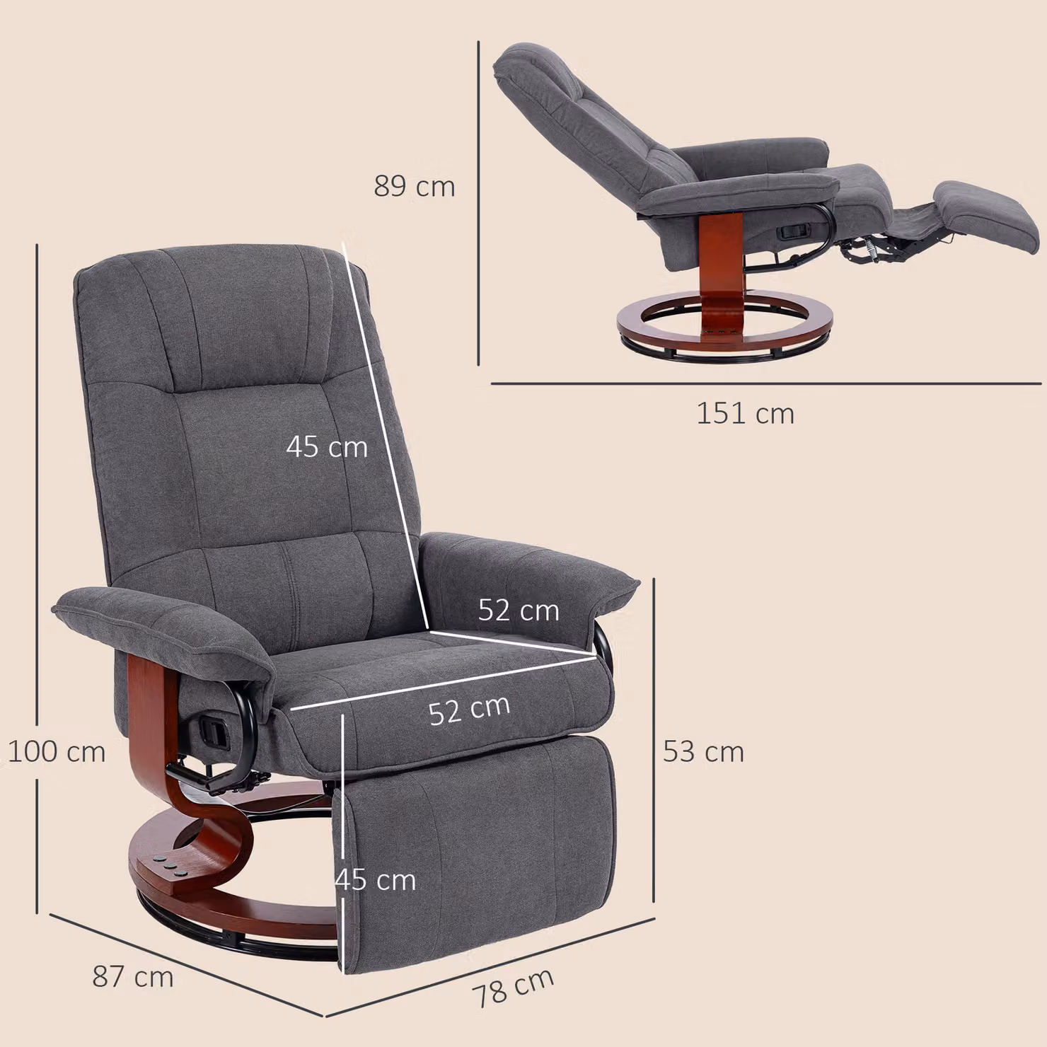HOMCOM Grey Fabric Reclining Swivel Chair with Footrest and Armrests – 3