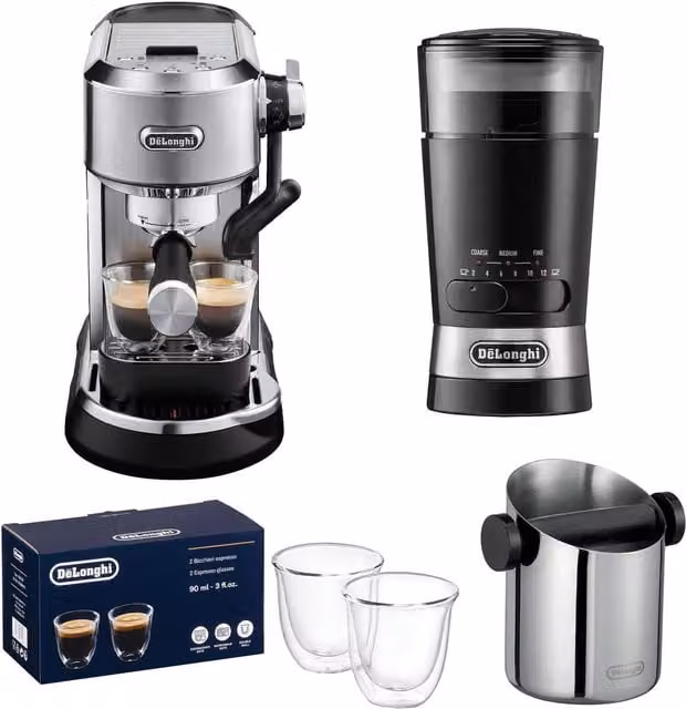 De'Longhi Dedica Maestro Plus Coffee Machine with Grinder, Knock Box and Latte Glasses in Silver