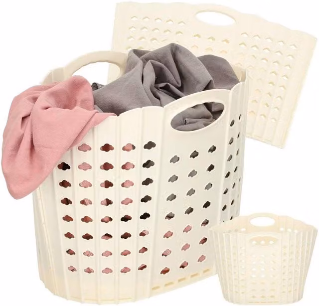 Havendro Collapsible Plastic Laundry Basket with Handles in White and Beige, W/D/H: 24.5 x 28.5 x 24.5 cm