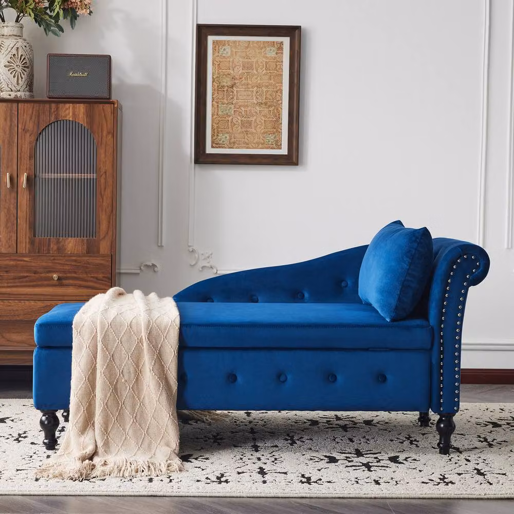 Rolipo Blue Velvet Chaise Lounge with Storage, Right Armrest and Scatter Cushions – 8