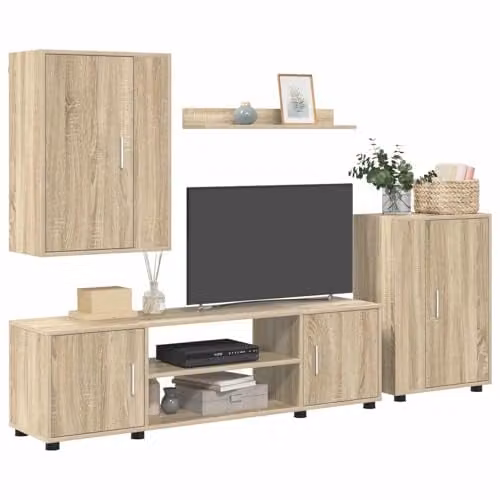 vidaXL Modern TV Cabinet Set in Brown Sonoma Oak, featuring a Lowboard, Wall Cabinet and Open Shelf