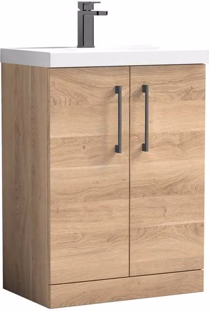 Balterley Contemporary 2-Door Bathroom Floor Vanity and Basin in Bleached Oak Brown, Width: 60 cm