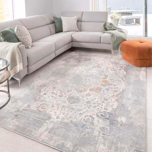 The Rug House Multicolour Grey Floral Medallion Modern Living Area Rug, W: 110 cm, D: 60 cm