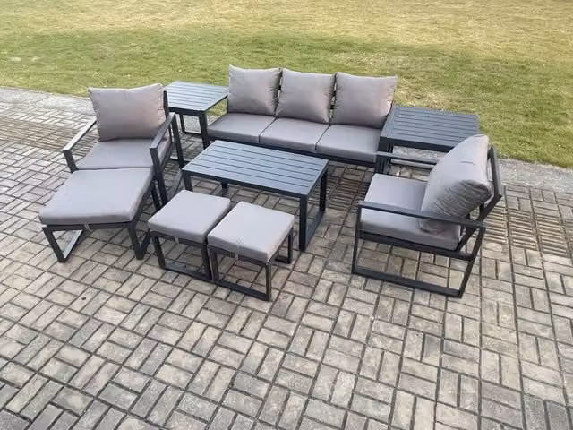 Fimous 9 Piece Aluminium Garden Furniture Set in Dark Grey with Cushions, 8 Seater Outdoor Patio Set including 3 Seater Sofa, 2 Armchairs, 3 Ottomans and Coffee Table
