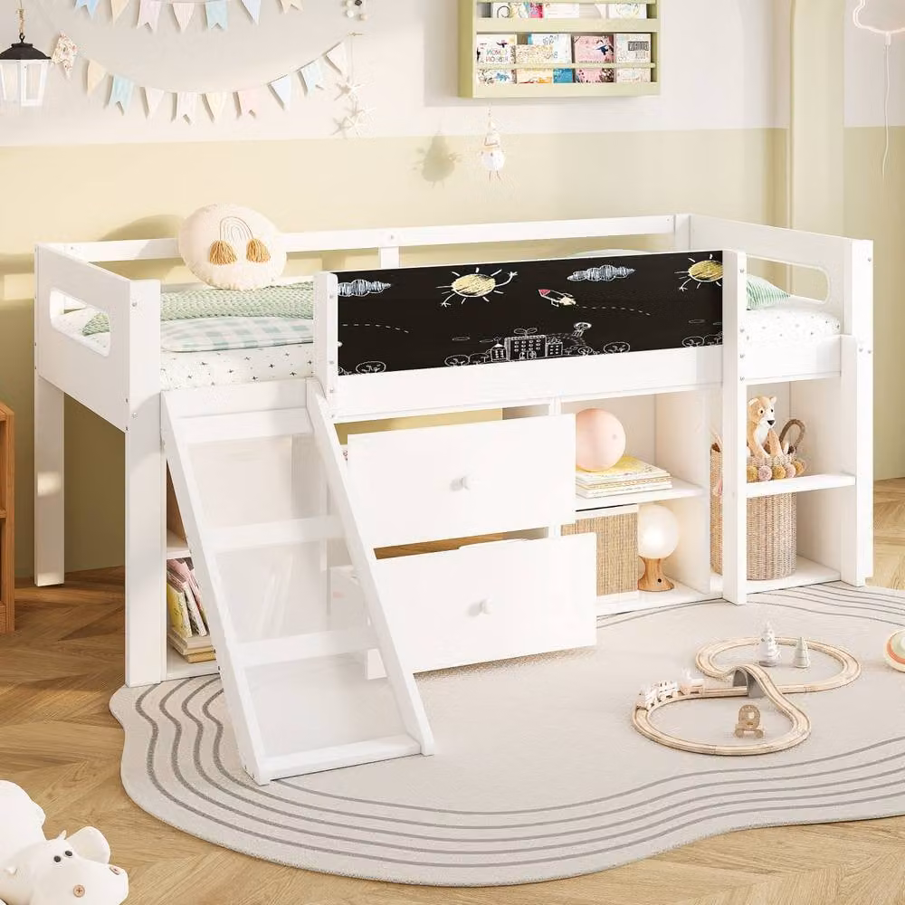 Rolipo White Solid Wood Childrens Cabin Bed with Slide and Blackboard, W/D/H: 140 x 200 cm – 1