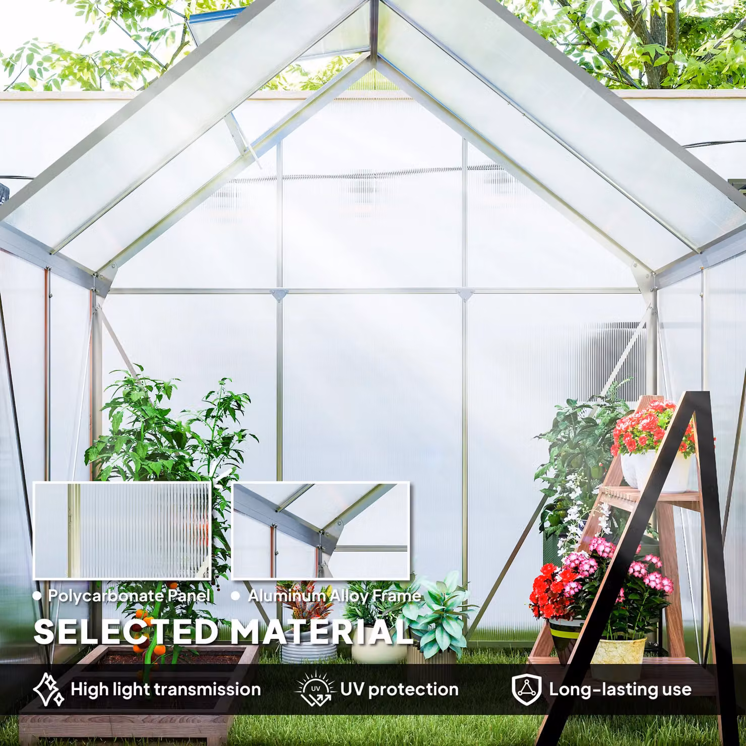 OUTSUNNY Polycarbonate Walk-in Garden Greenhouse with Sliding Door and Windows, Silver Tone – 3