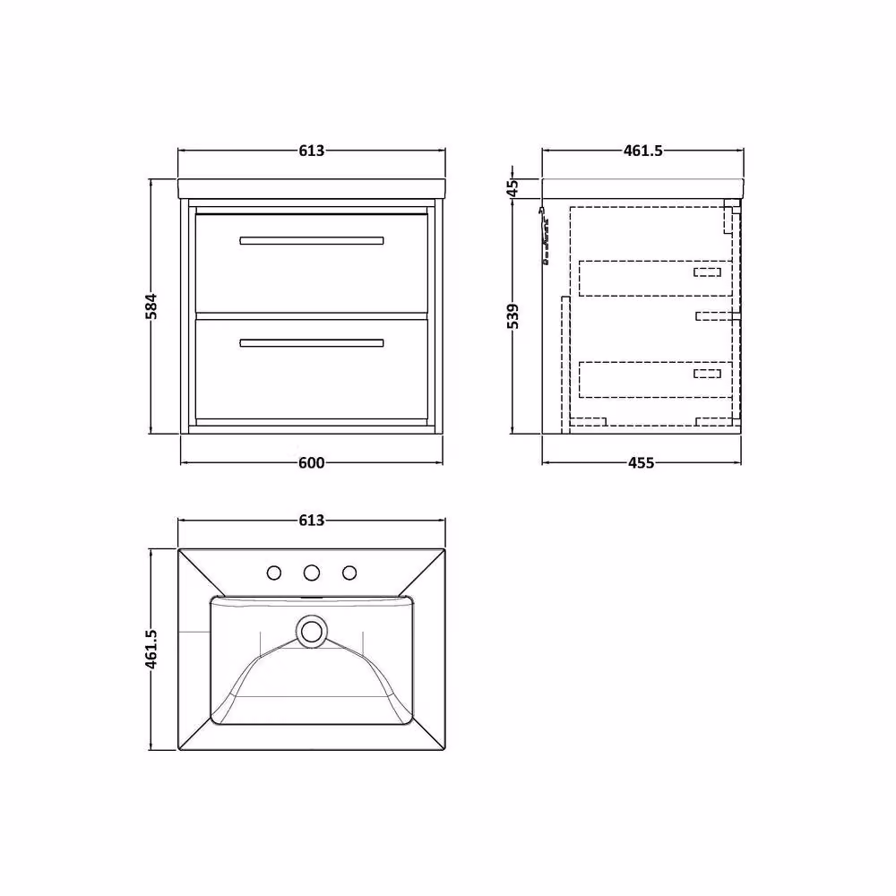 Balterley Longnor 2 Drawer Unit with 3TH Fireclay Basin in Antique Oak Brown, W: 60 cm, D: 58.4 cm, H: 60 cm – 2