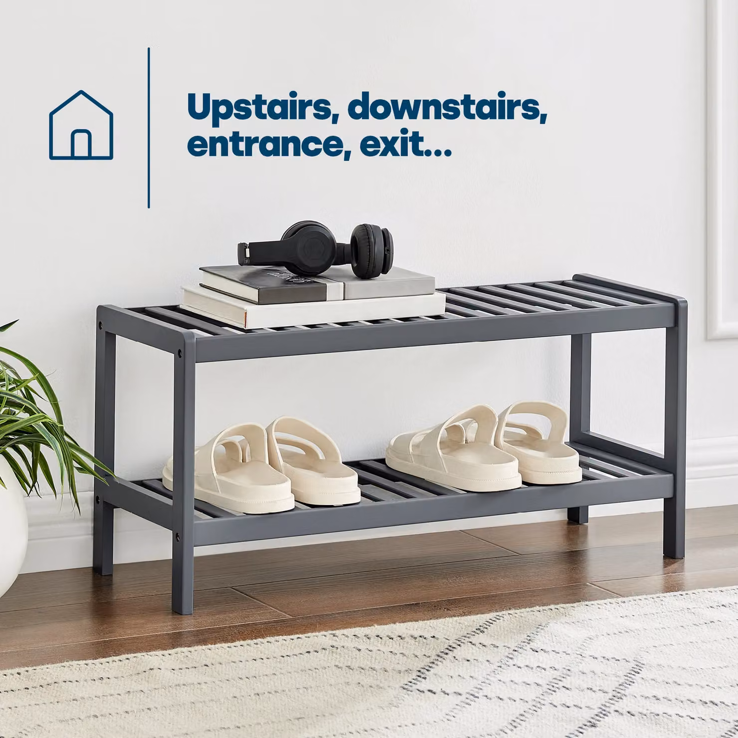 LIVIVO Grey Bamboo 2-Tier Shoe Rack Storage Bench – 2