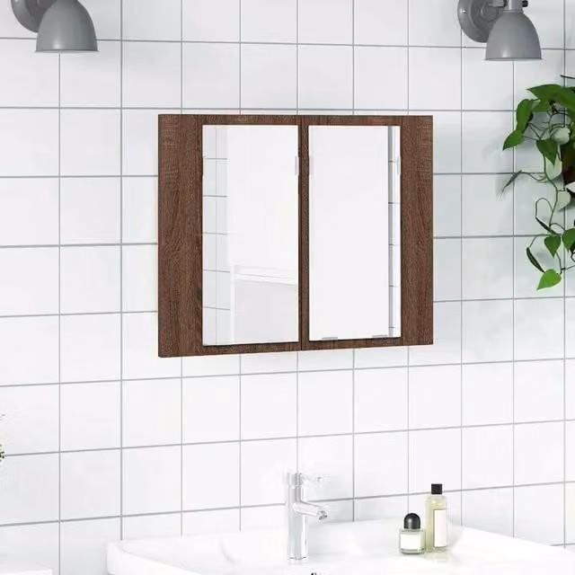 Berkfield Home LED Mirror Cabinet in Brown Oak, W/D/H: 60 x 12 x 45 cm