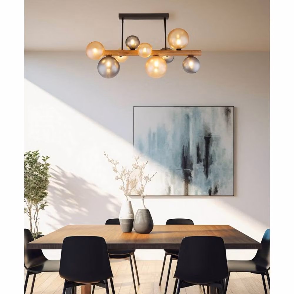 Netlighting Riha Globe Ceiling Light in Matt Black with Amber Glass Shades for 9x G9 LED Bulbs – 2