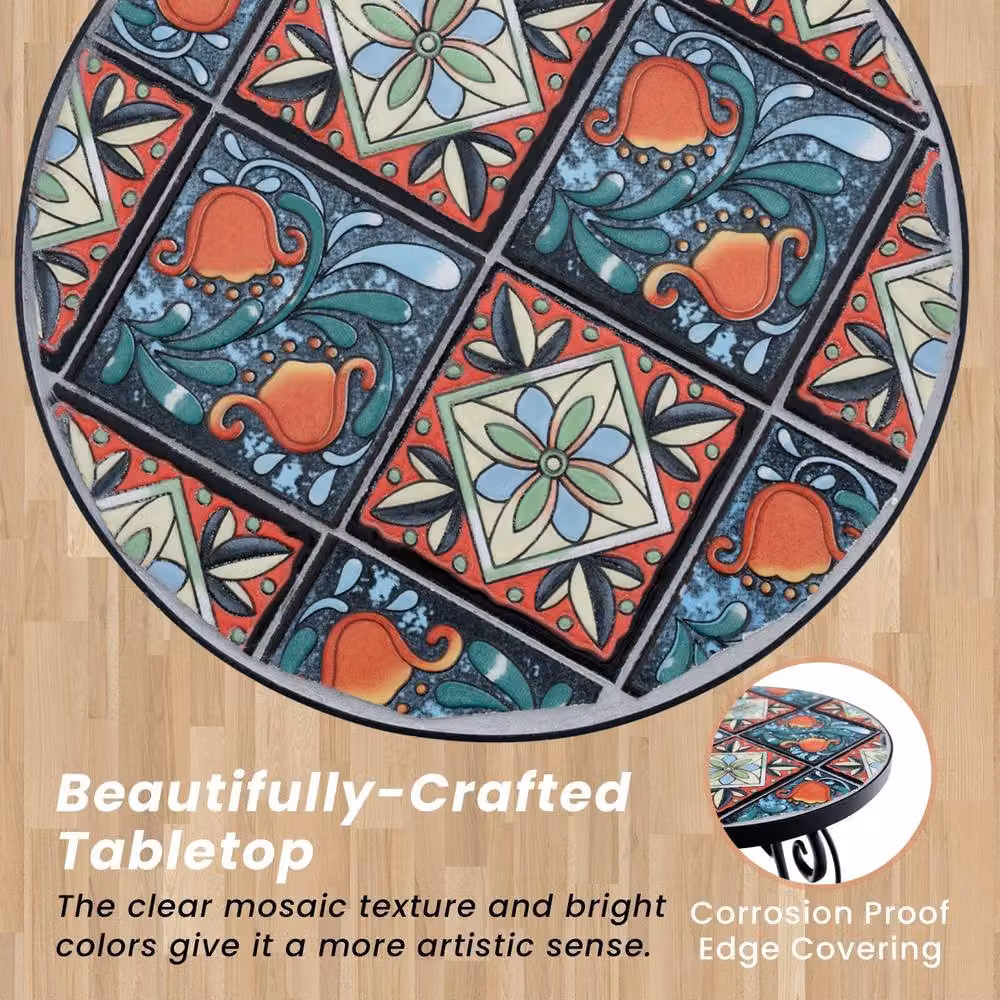 Costway Mosaic Round Outdoor Side Table with Multicolour Floral Ceramic Top and Metal Frame – 2