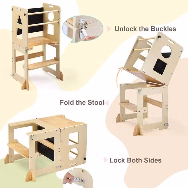 FORGEVIO Wooden Learning Tower Kitchen Step Stool in Natural Wood Finish