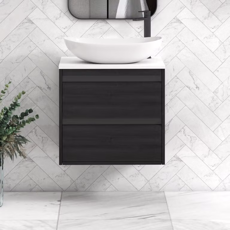 Royal Bathrooms Orion 600mm Hale Wall Hung Vanity Unit with Cesar Basin and Black Accent Trim, White and Black