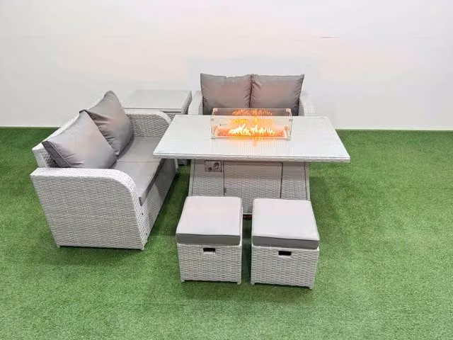 Fimous 6 Seater Rattan Garden Furniture Set with Firepit Dining Table, 2 Small Stools and Side Table in Light Grey