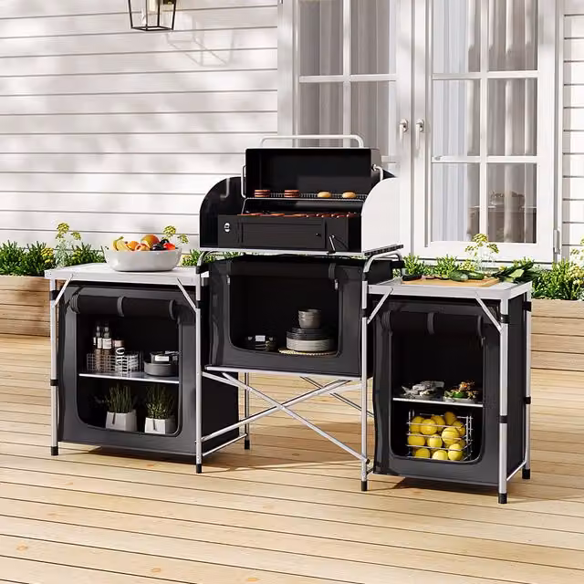 Livingandhome Folding Camping Kitchen Unit with Double-Sided Worktop in Black