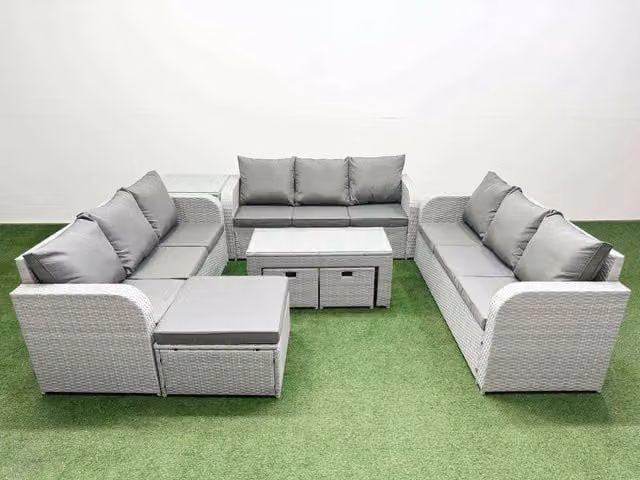 Fimous 12 Seater PE Rattan Outdoor Garden Furniture Set in Light Grey with Oblong Coffee Table, 3 Seater Sofa, 3 Stools and Side Table
