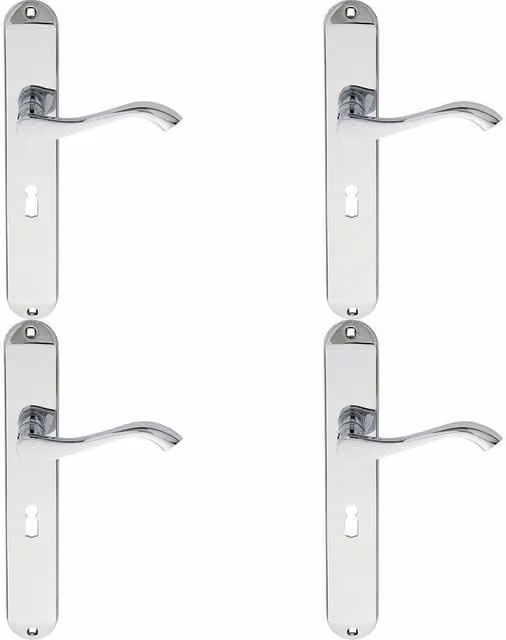 Loops 4 Pairs of Curved Handle on Long Slim Lock Backplate in Polished Chrome, 241 x 40 mm