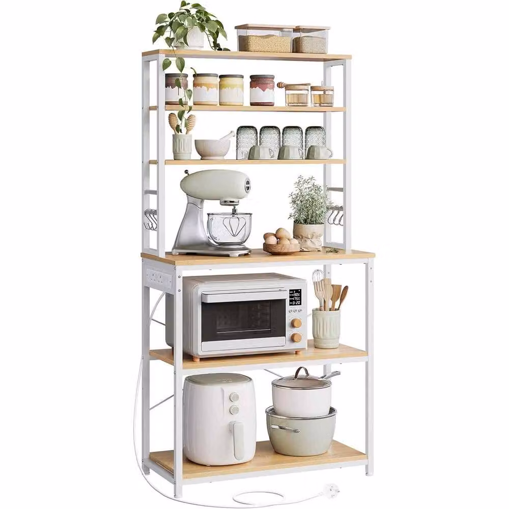 The Bazaarist Coffee Bar Bakers Rack with Power Outlet, 6 Tiers and 6 Hooks, Oak and White – 2