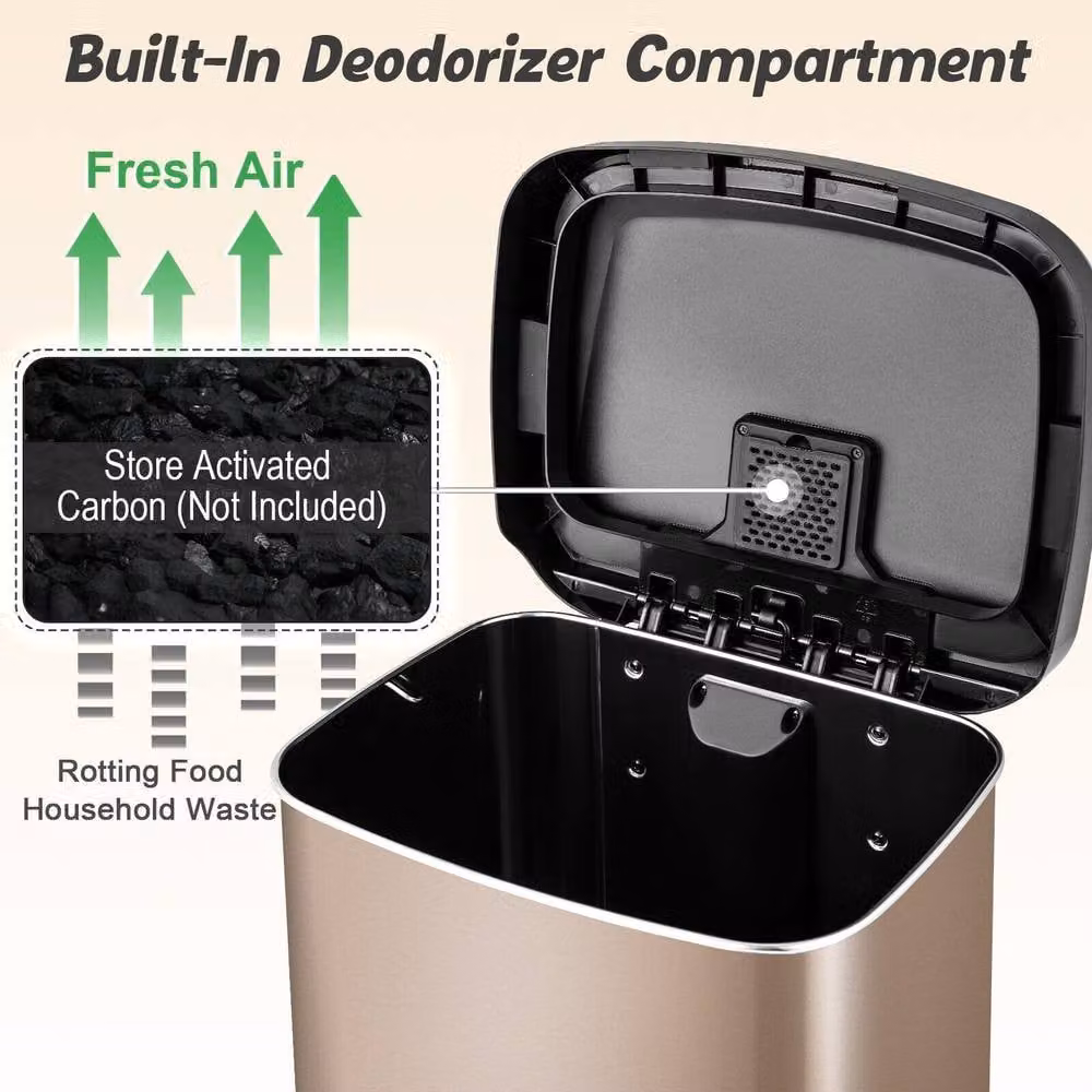 CASART 50L Stainless Steel Step Trash Can with Soft Close Lid and Odour Filter, Gold – 6