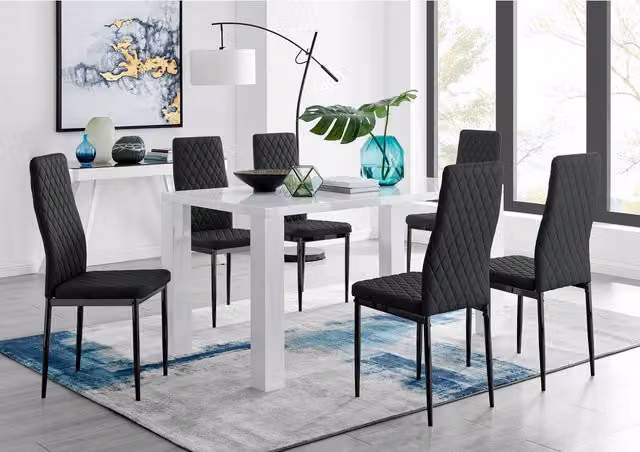 FurnitureboxUK Pivero White Rectangular Dining Table and 6 Milan Black Leg Chairs Set