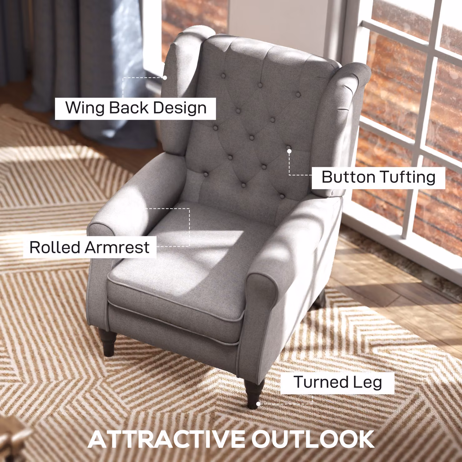 HOMCOM Grey Retro Wingback Armchair with Button Tufting and Solid Wood Frame – 3