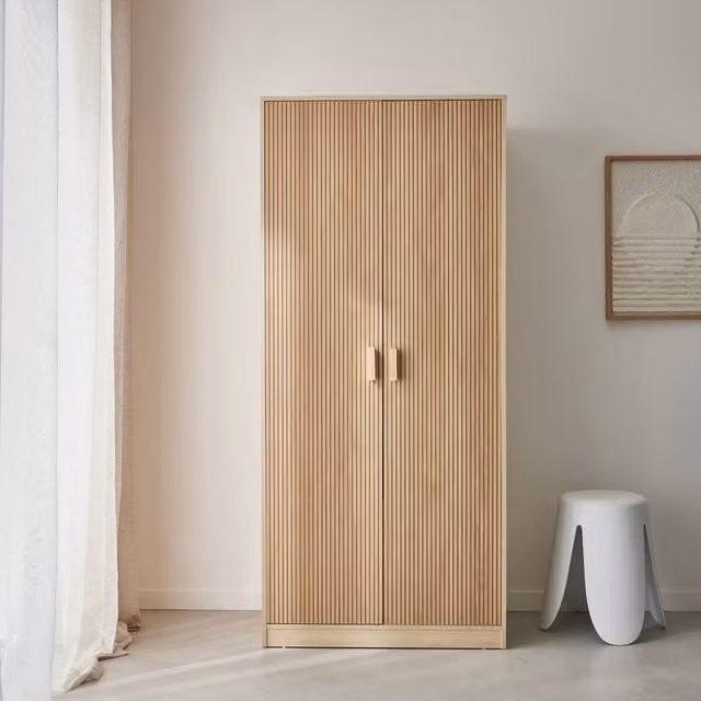 sweeek Wardrobe with Wood Decor, 2 Doors and Hanging Rail, Light Brown, H 180 x W 80 x D 48 cm
