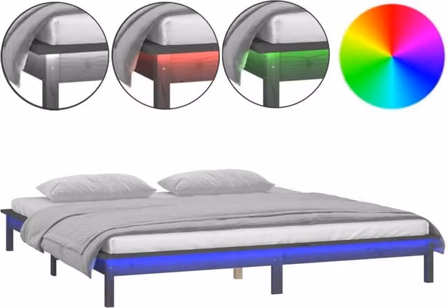 Berkfield Home Grey Solid Pine Wood LED Bed Frame with USB Charging Port, W/D/H: 120 x 190 cm – 1