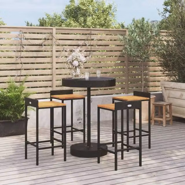 Berkfield Home 5 Piece Garden Bar Set in Black Poly Rattan and Solid Acacia Wood