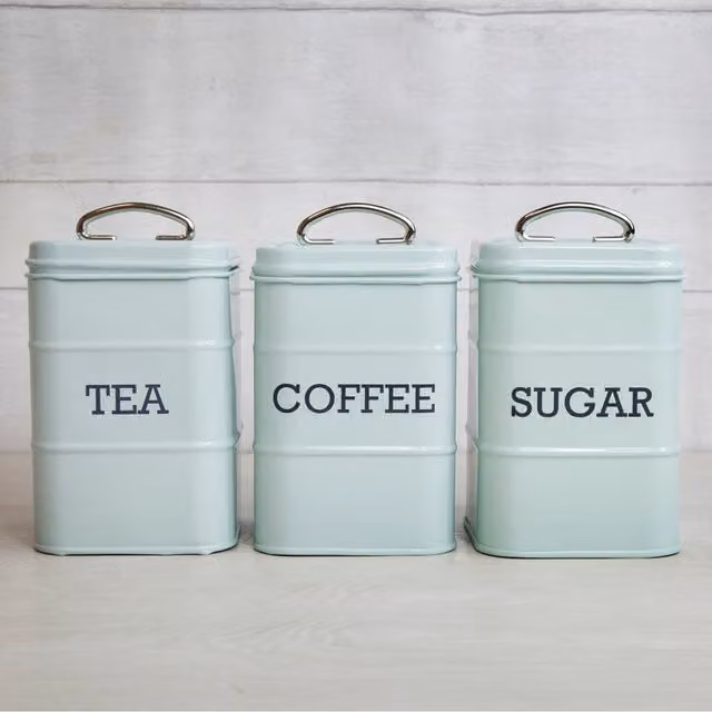 KitchenCraft Living Nostalgia Tea, Coffee and Sugar Canister Set in Blue and Cream Stainless Steel
