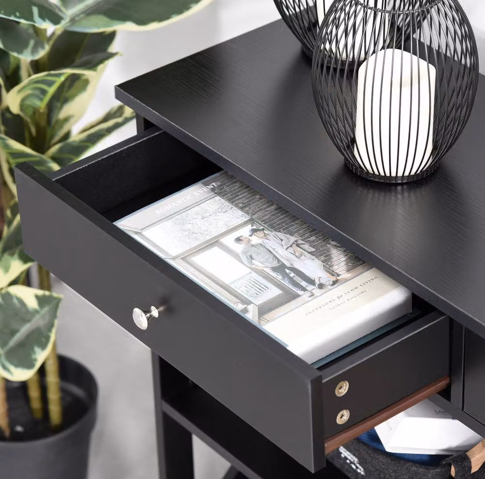 STILVORA Modern Black Console Table with 2 Drawers and Shelves – 6