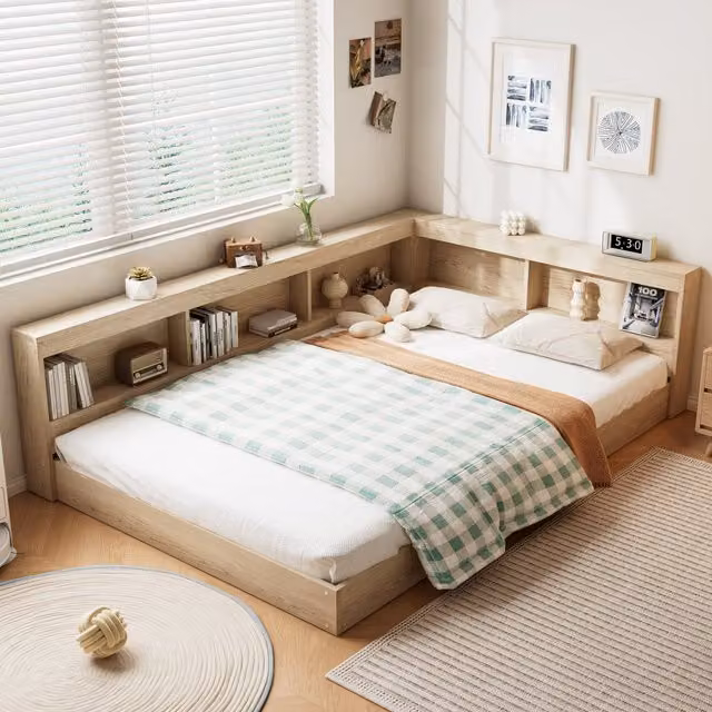 Aosom.UK White Oak Double Storage Bed with Side Compartments, W: 153 cm, D: 208 cm, H: 60 cm