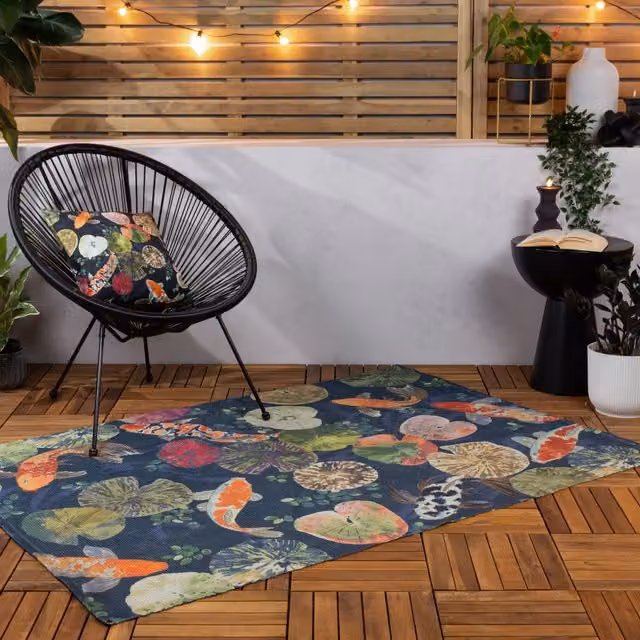 Terrys Koi Washable Indoor Outdoor Rectangular Rug, Blue and Multicolour, W: 170 cm, D: 120 cm