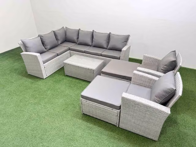 Fimous 10 Seater Outdoor PE Rattan Garden Furniture Set in Light Grey Mixed with Upholstered Cushions, Coffee Table and Ottomans