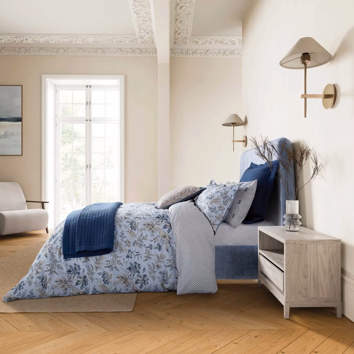 Bedeck of Belfast Lorelei Double Duvet Cover and Pillowcase Set, Blue Floral Cotton Percale, W: 220 cm, H: 140 x 200 cm – 2