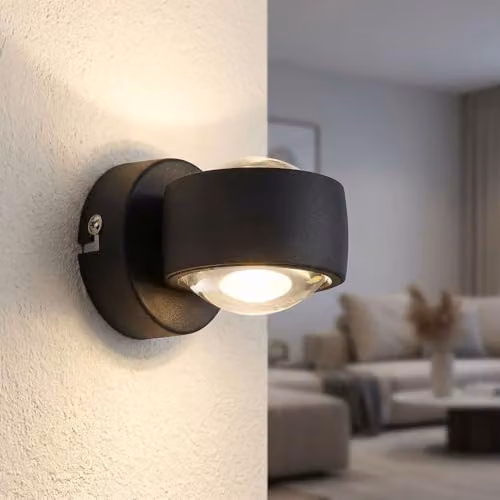 Globo Lighting Modern Round LED Up and Down Wall Light in Matt Black with Transparent Glass Shade, Warm White 3000K – 2