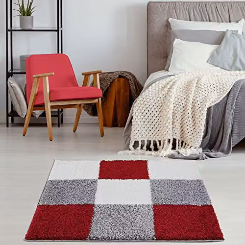 THE RUGS Modern Checked Shaggy Area Rug, Red and Grey, W/D/H: 120 x 120 x 3 cm – 3