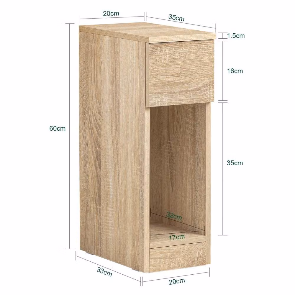 SoBuy Set of 2 Modern Slim Bedside Tables with Open Shelf and Drawer in Light Oak – 3