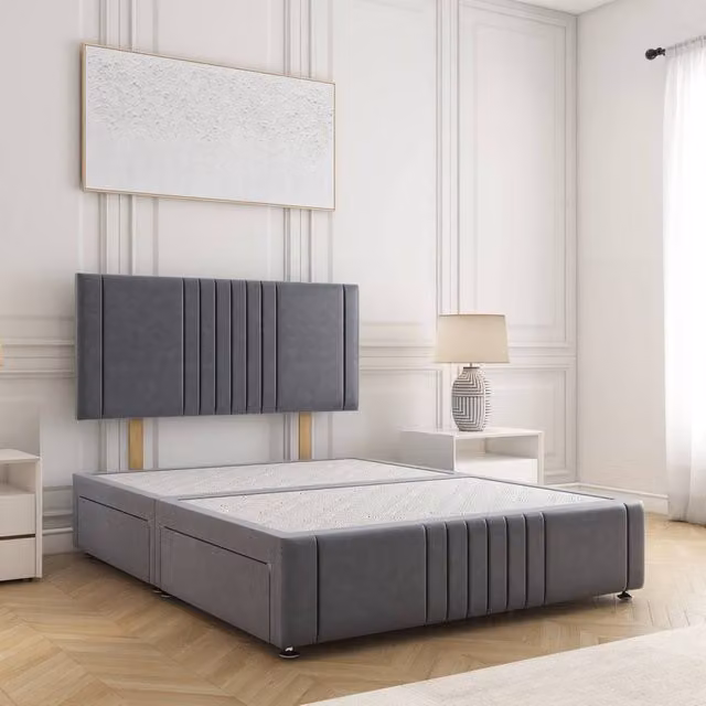 BSSPOKE Hazel Double Divan Bed with Plush Velvet Headboard and 2 Drawers in Charcoal Grey, W: 140 cm, L: 200 cm