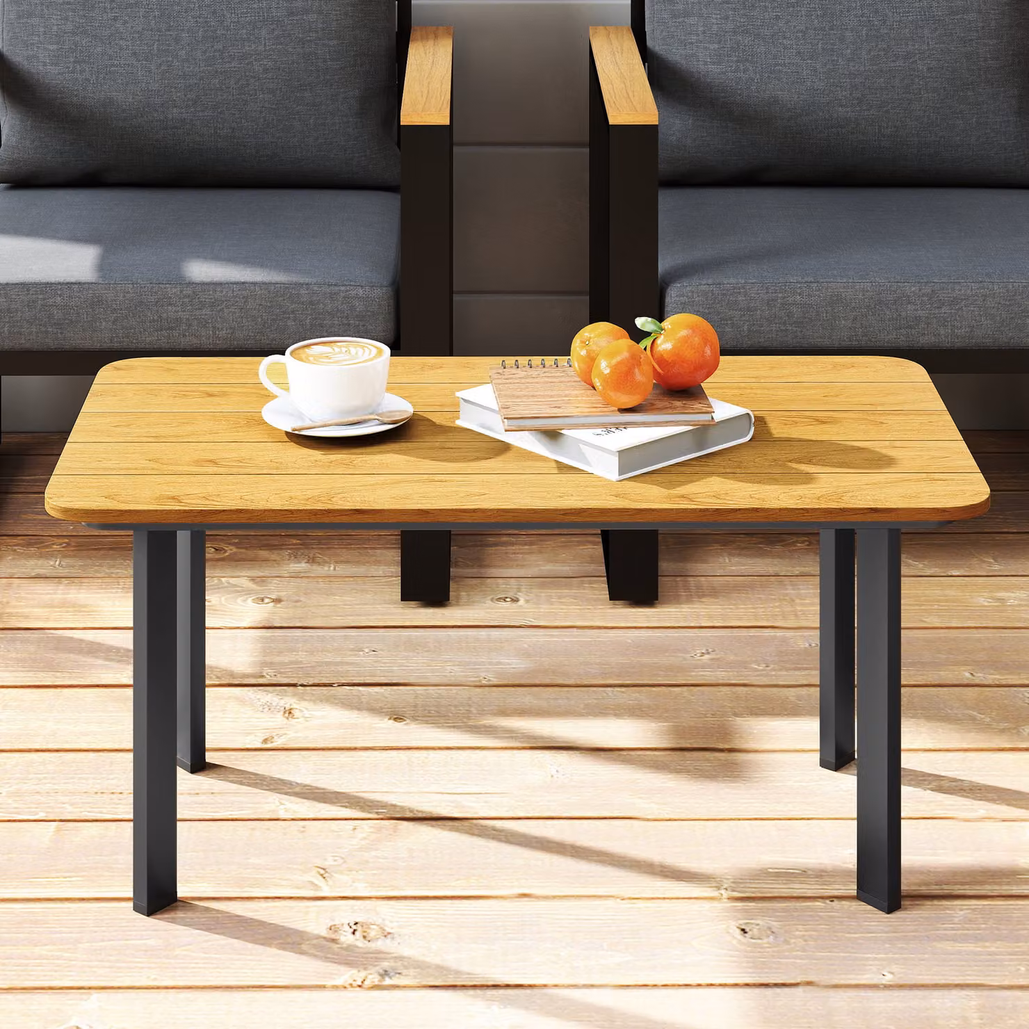 Outsunny Modern Rectangular Outdoor Garden Coffee Table with WPC Slatted Top and Metal Frame, Brown, W/D/H: 90 x 50 x 40 cm – 7