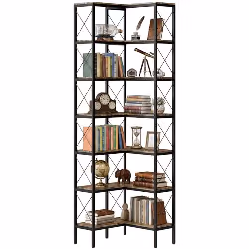 HOMCOM 6-Tier Industrial Corner Bookshelf, L-Shaped Freestanding Unit in Brown, W/D/H: 60 x 60 x 200 cm