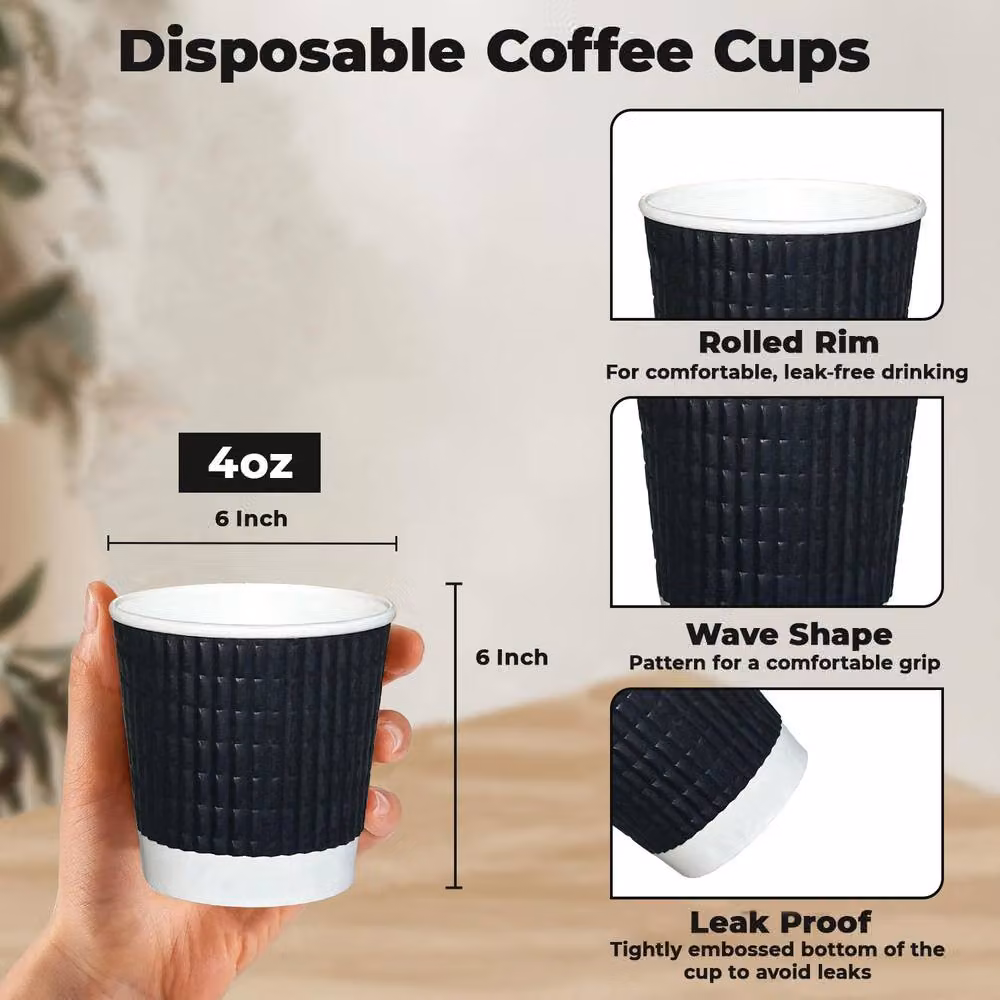 ECONX 500 x 4oz Black 3 Ply Ripple Disposable Paper Coffee Takeaway Cups – 2