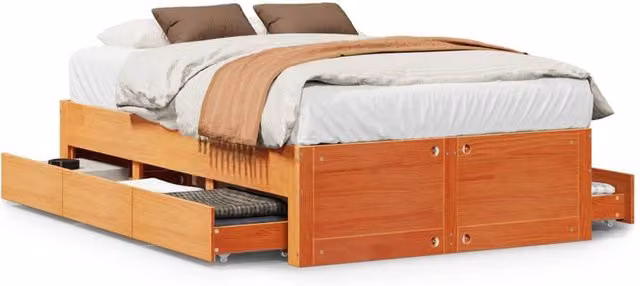 Berkfield Home Solid Wood Double Bed Frame with Drawers in Wax Brown, W/D/H: 135 x 190 cm