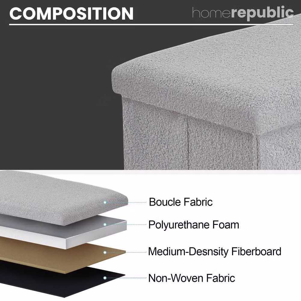 Home Republic Teddy Boucle Foldable Storage Ottoman in Silver Grey, W/D/H: 76.0 x 38.0 cm – 3