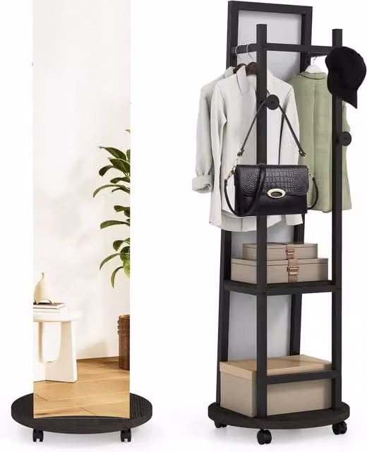 Costway Coat Rack with Full Length Mirror, Black Post Tree with 3 Hooks and Storage Shelves
