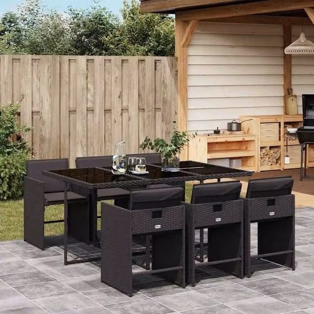 Berkfield Home Garden 6-Seater Foldable Dining Set in Black PE Rattan with Glass Top