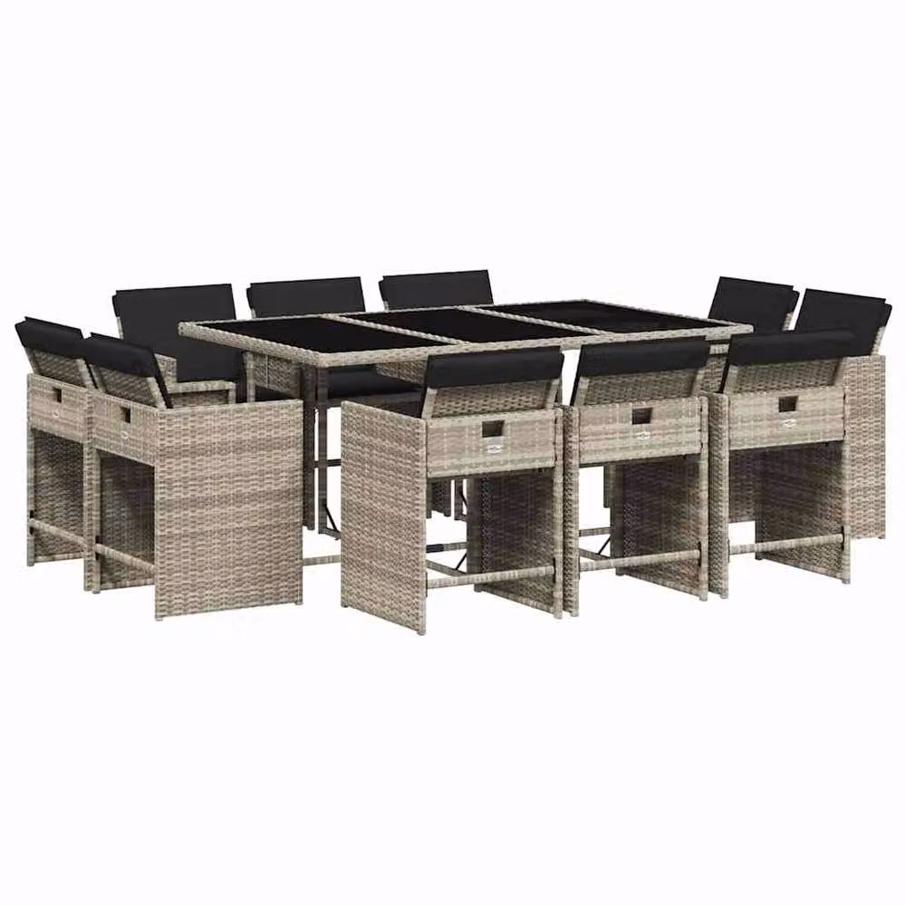 Berkfield Home 11 Piece Poly Rattan Garden Dining Set with Cushions and Glass Top in Grey – 2