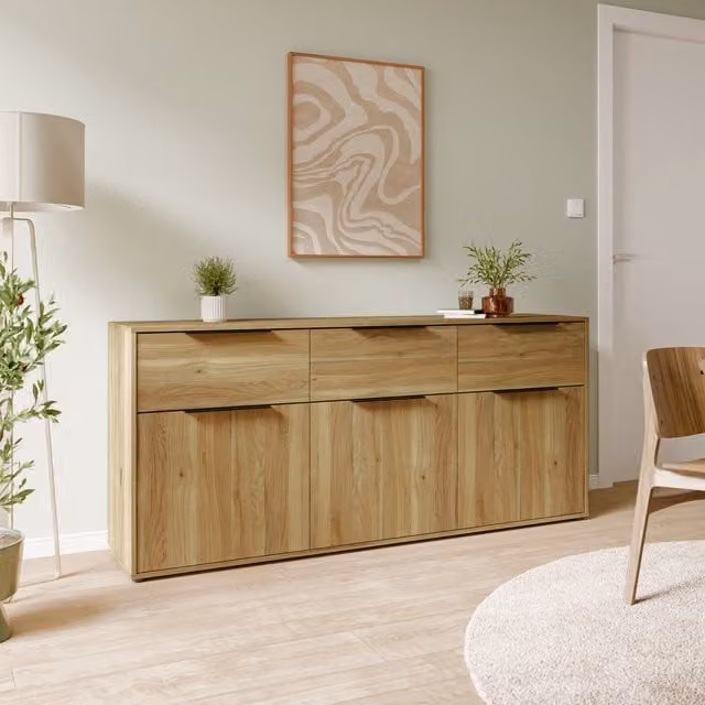 Furniture To Go Orkney 3 Drawer Sideboard with 3 Doors in Mauvella Oak Brown