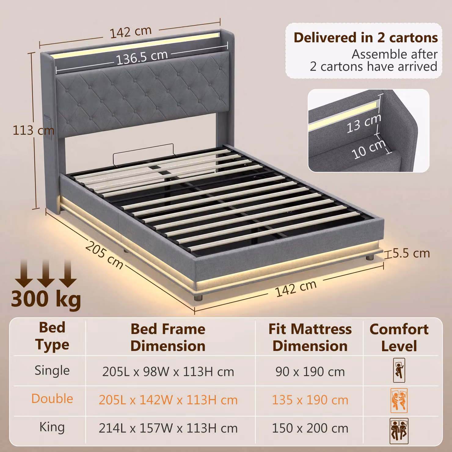 HOMCOM Grey Fabric Double Bed Frame with Headboard, Hydraulic Storage, LED Lights and USB Charging Station, W/D/H: 140 x 200 cm – 3